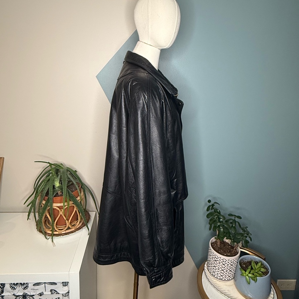 Vintage 90s Oversized Black Genuine Leather Coat L Minimalist Longline Y2K - Picture 6 of 13